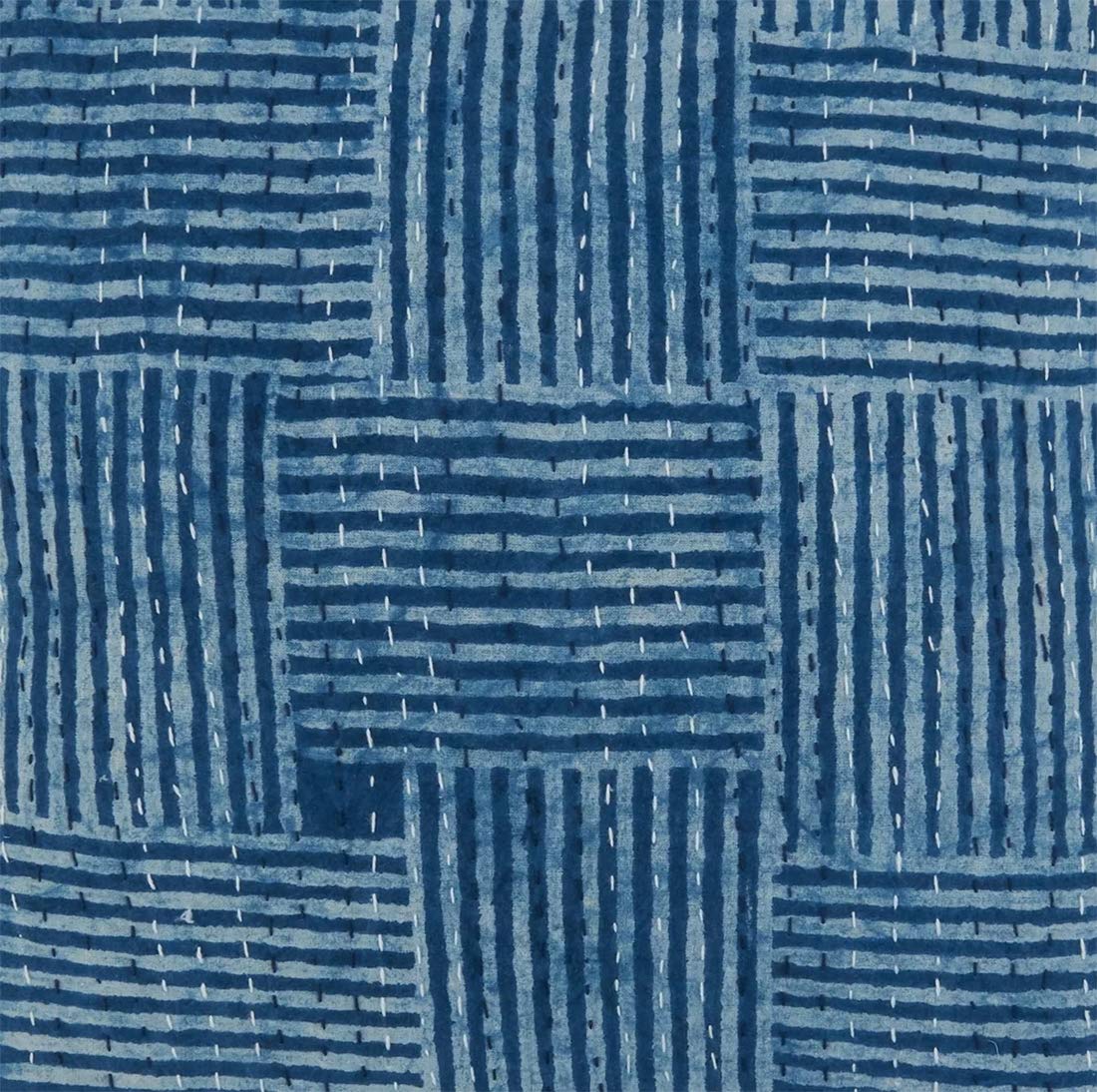 Fennco Styles Kantha Stitch Block Print Cotton Decorative Throw Pillow 22 x 22 Inch - Indigo Accent Pillow for Home, Couch, Lving Room, Bedroom and Office Décor