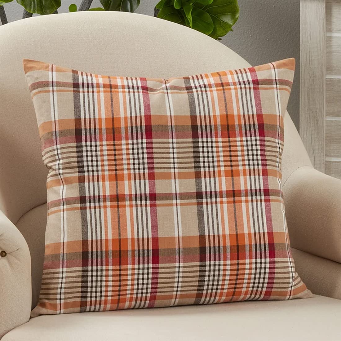 Fennco Styles Harvest Tartan Plaid Cotton Decorative Throw Pillow Cover 20" W x 20" L - Multicolored Festive Cushion Case for Home, Couch, Holidays, Christmas, Thanksgiving and Special Occasion
