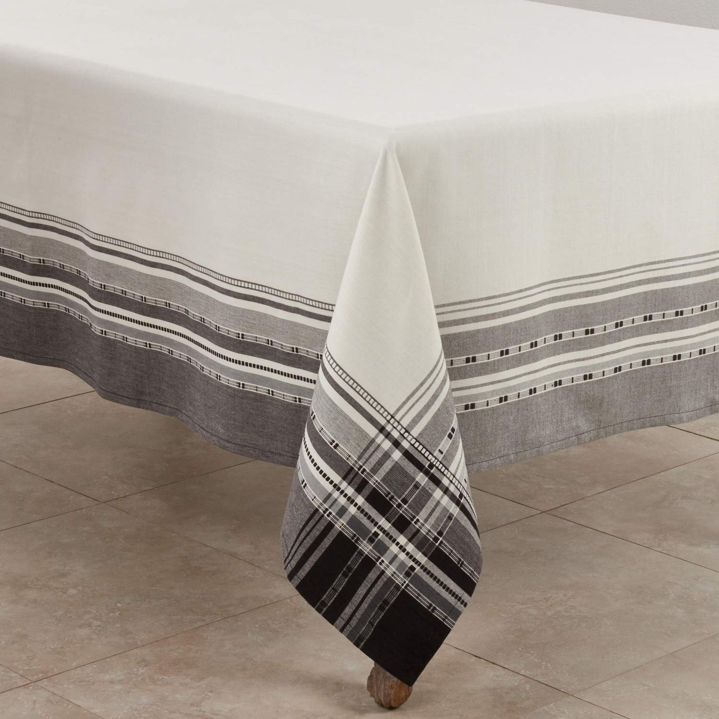 Fennco Styles Neutral Cotton Tablecloth with Plaid Border Design - Grey Border Table Cover for Home Décor, Dining Table, Banquets and Special Occasion