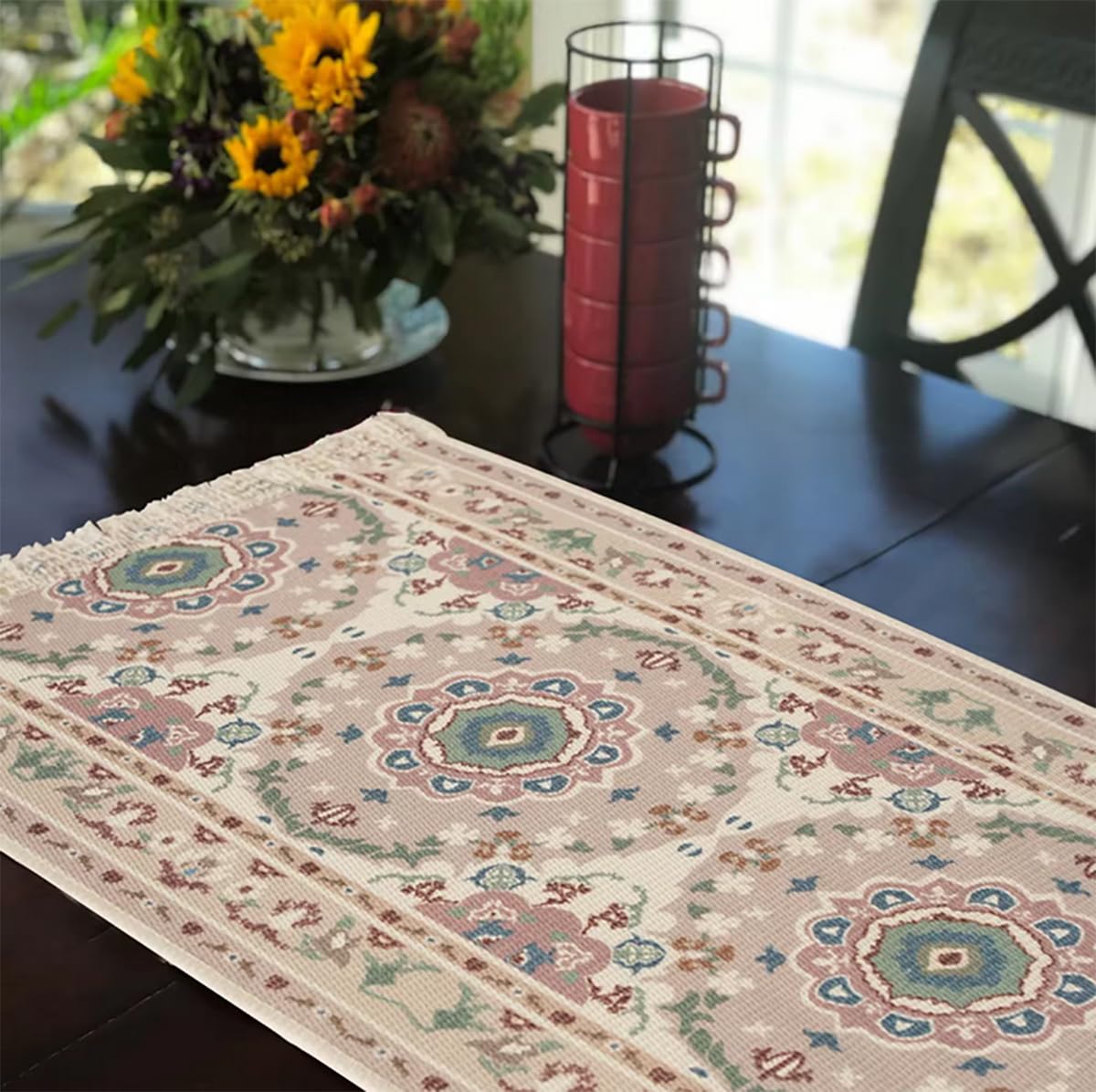 Fennco Styles Coral Floral Print Tassel Cotton Blend Woven Table Runner 14" W x 71" L