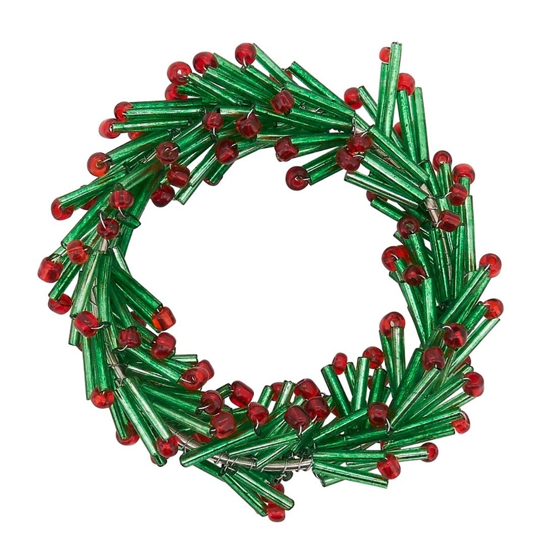 Fennco Styles Hand Beaded Christmas Wreath Design Decorative Napkin Rings, Set of 4 - Green Glass Beads Napkin Holders for Home, Dining Table, Banquets, Holiday Décor and Special Occasion