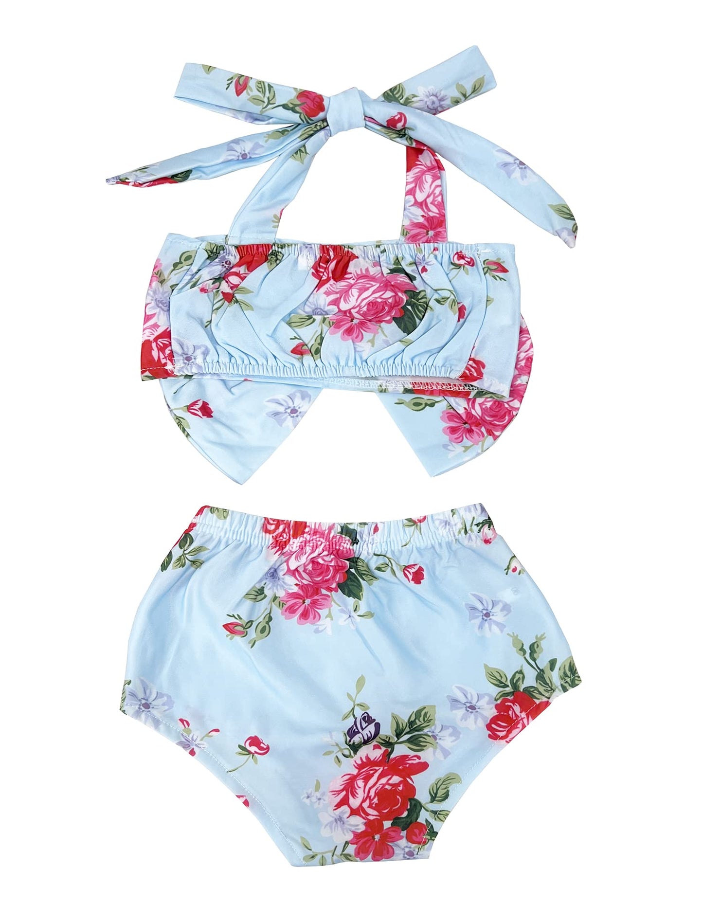 stylesilove Baby Toddler Girls Floral Print Bowknot Bikini Swimsuit and Headband 3pcs Blue Bathing Suit Beach Swimwear