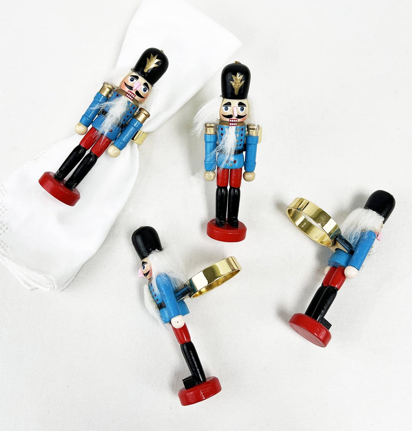 Fennco Styles Handmade Wooden Nutcracker Decorative Napkin Rings, Set of 4 - Festive Soldier Napkin Holders for Dining Table, Christmas, Holidays Décor and Special Occasions