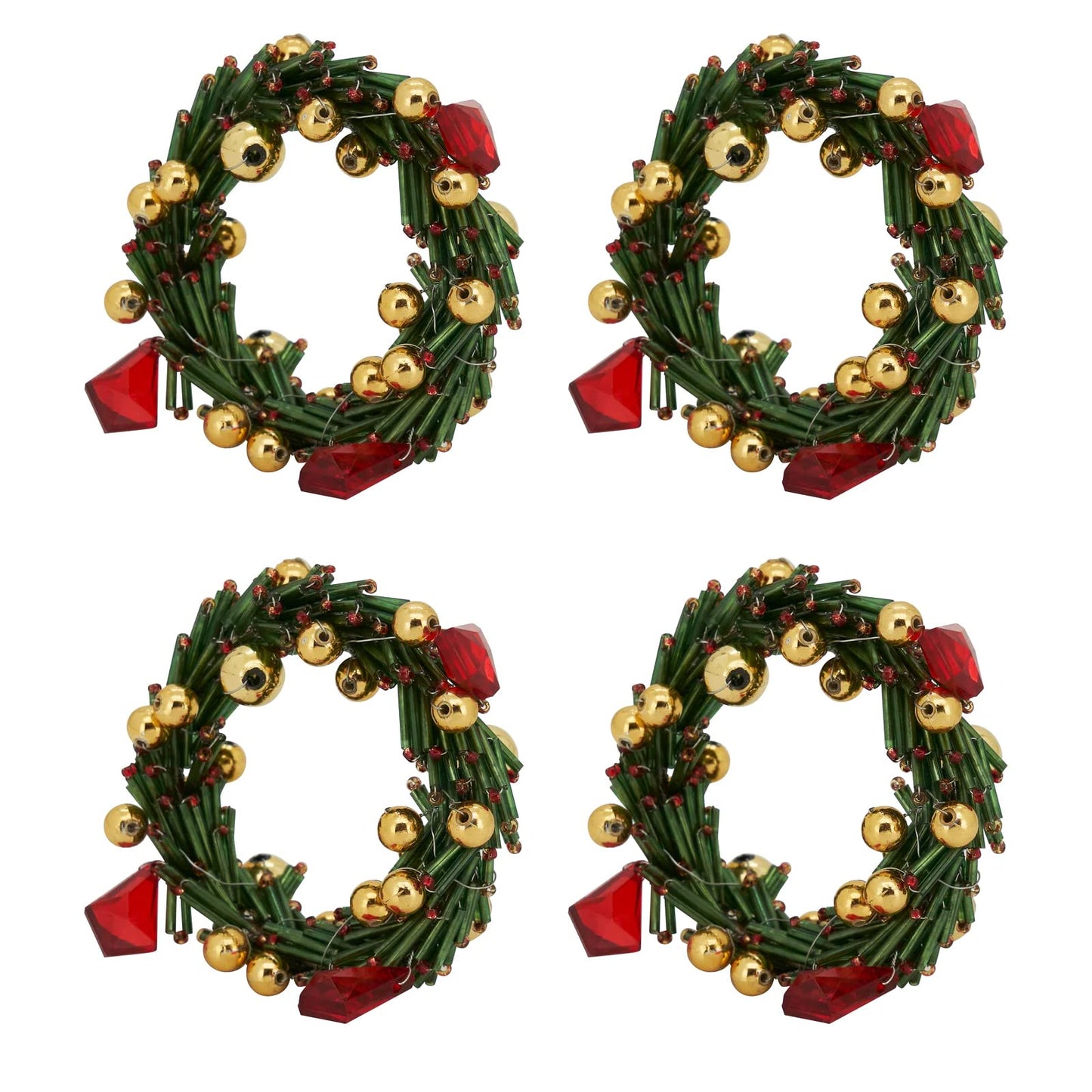Fennco Styles Hand Beaded Christmas Wreath Decorative Napkin Rings, Set of 4 - Green Glass Beads Napkin Holders for Home, Dining Room, Banquet, Family Gathering, Holiday Décor and Special Occasion