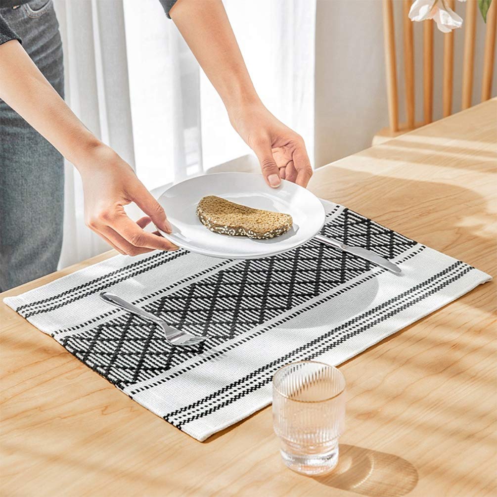 Fennco Styles Diamond Stitch Design Cotton Blend Placemats 14" W x 19" L, Set of 4 - Black Geometric Woven Table Mats for Boho Décor, Home, Dining Table, Banquets, Family Gatherings, Special Occasion
