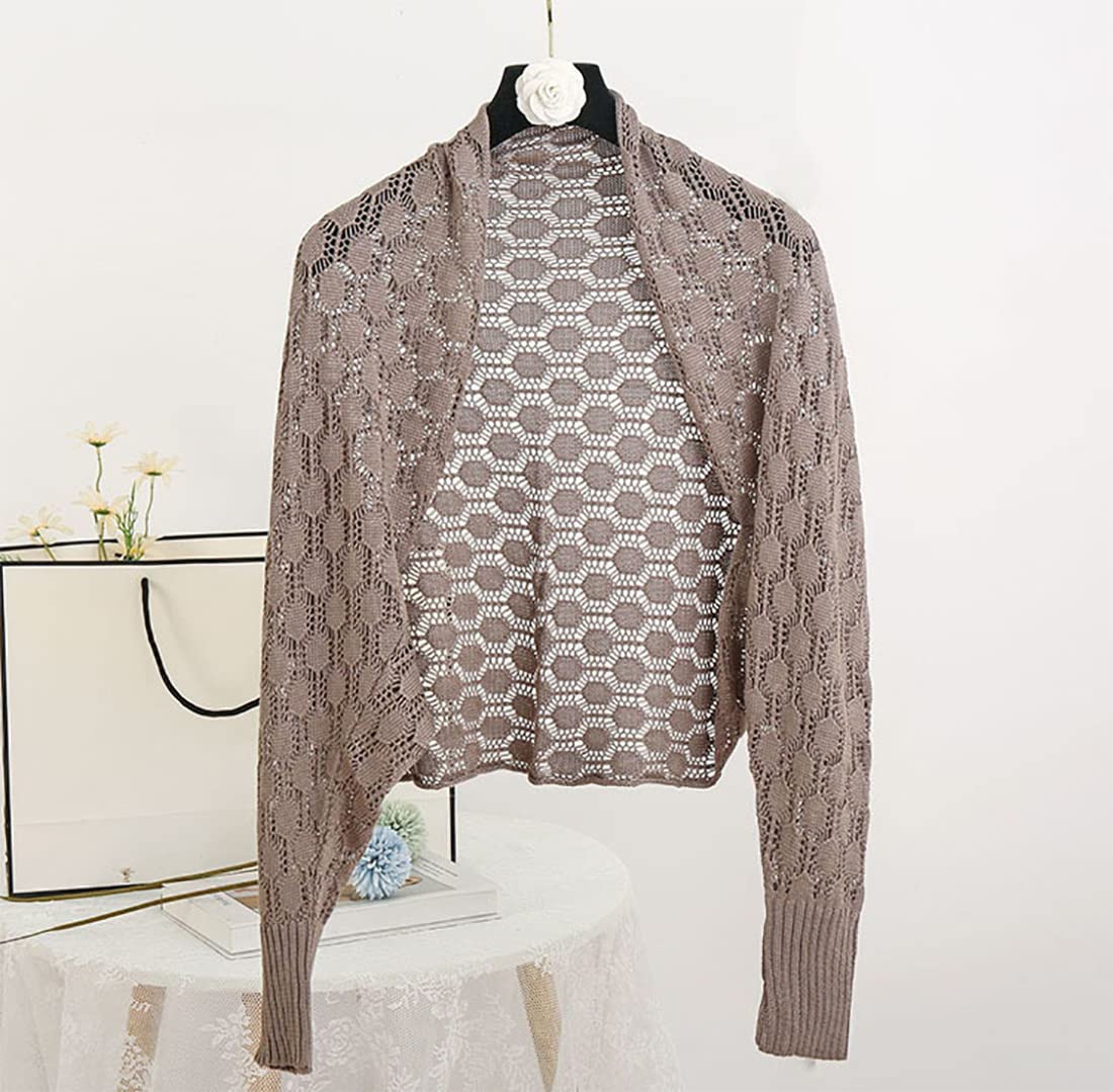 stylesilove Women Lightweight Crochet Hollow Bolero Shrug Long Sleeve Cardigan Soft Sweater Open Front Cape Shawl