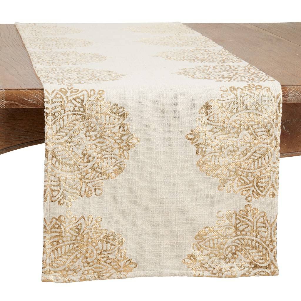 Fennco Styles Foil Print Medallion Cotton Table Runner 16" W x 72" L - Gold Metallic Table Cover for Home Décor, Everyday Use, Banquets, Holidays, Family Gatherings and Special Occasion