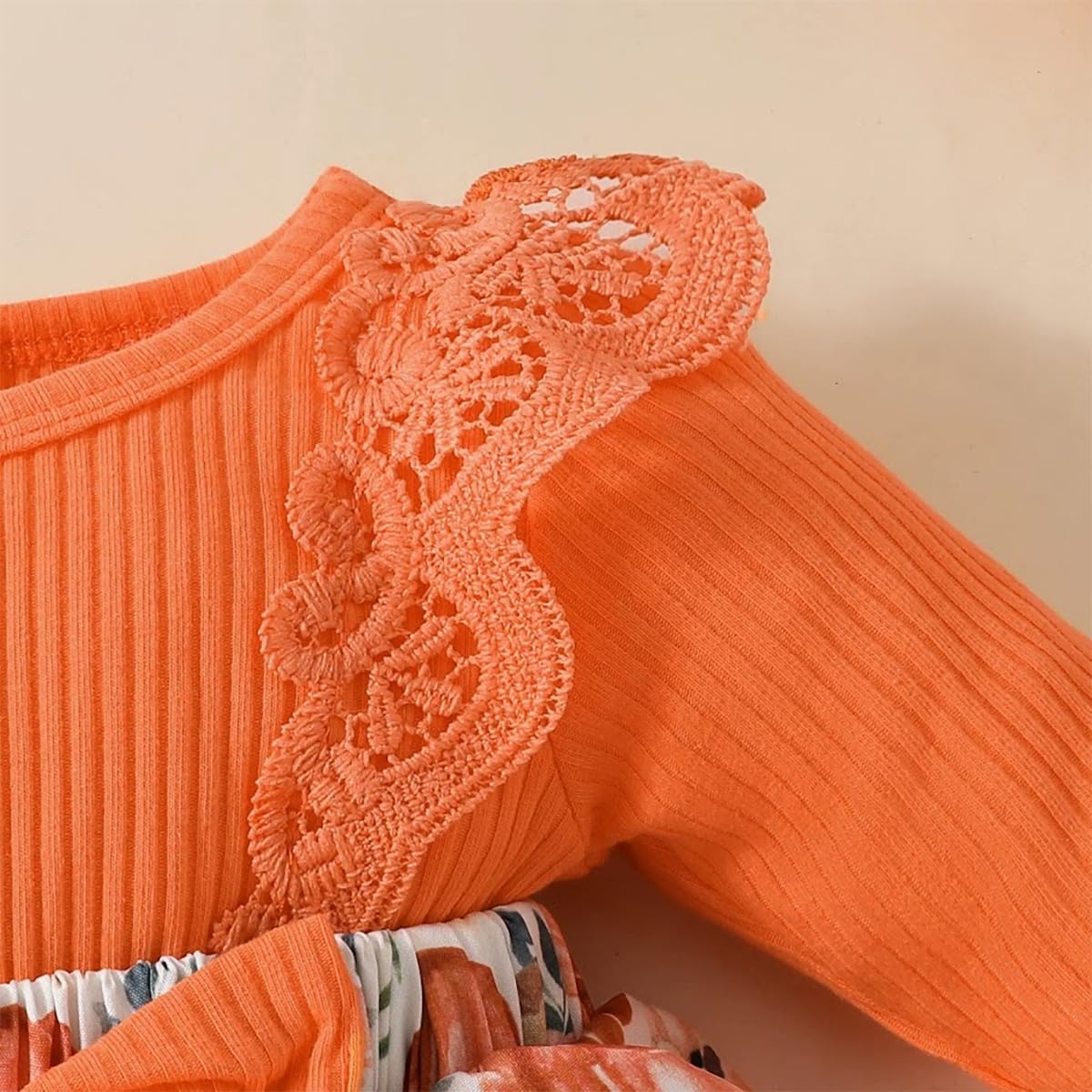 stylesilove Infant Baby Girl Orange Fall Pumpkin Long Sleeve Lace Romper Dress & Bow Headband 2pcs Autumn Harvest Outfit