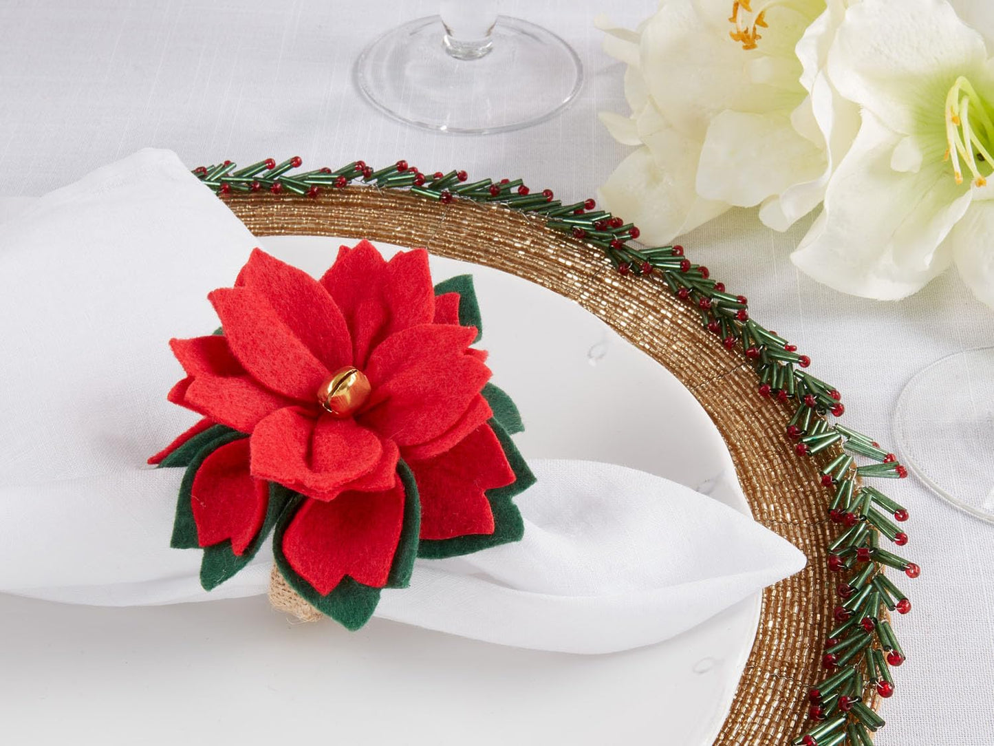 Fennco Styles Felt Poinsettia Holiday Napkin Rings, Set of 4 - Red Festive Flower Decorative Napkin Holders for Dining Table, Family Gatherings, Christmas Décor and Special Occasions