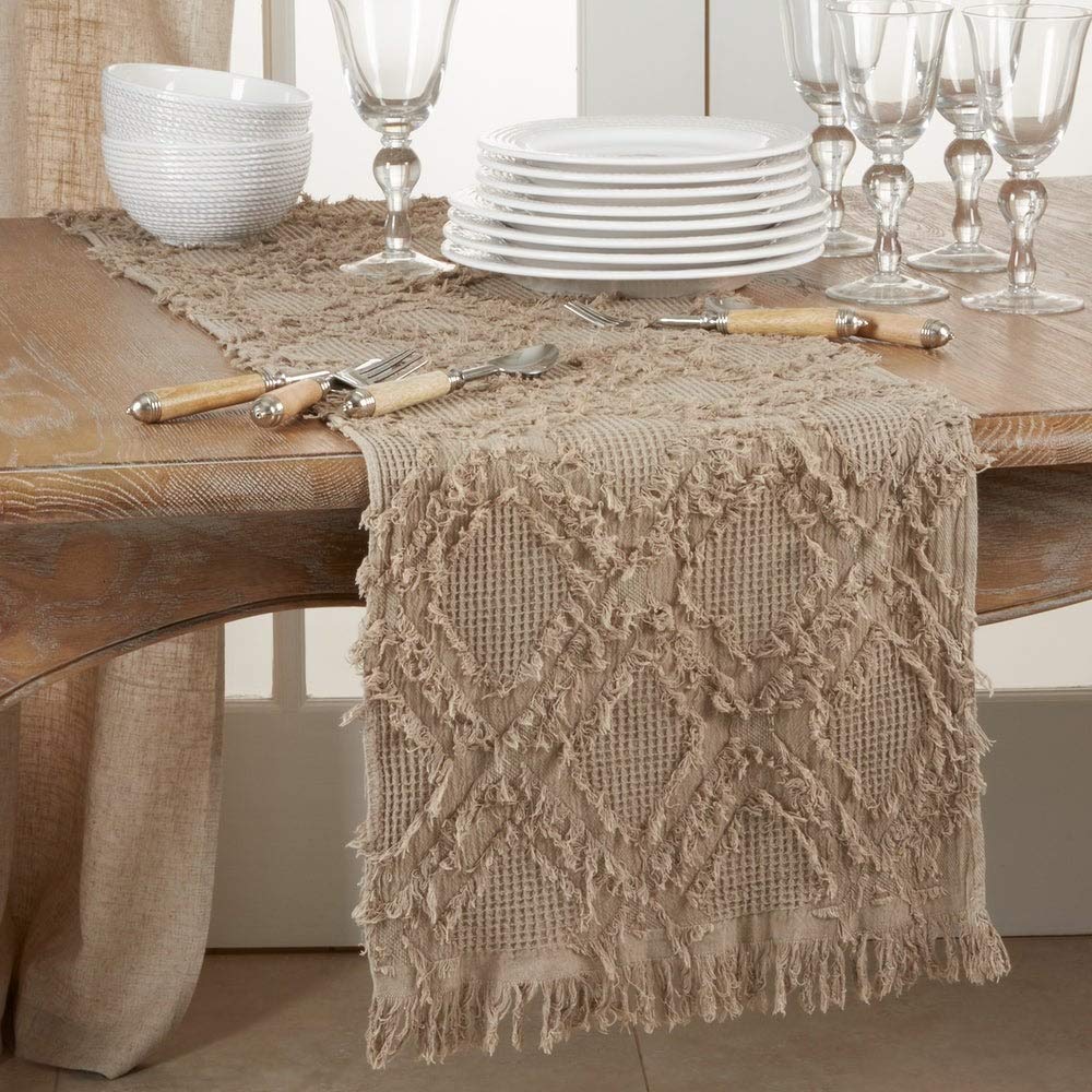 Fennco Styles Waffle Weave Modern Cotton Rectangular Table Runner with Fringe – 16”W x 72”L Table Cover for Home Décor, Dining Table, Banquets, Holidays and Special Occasions