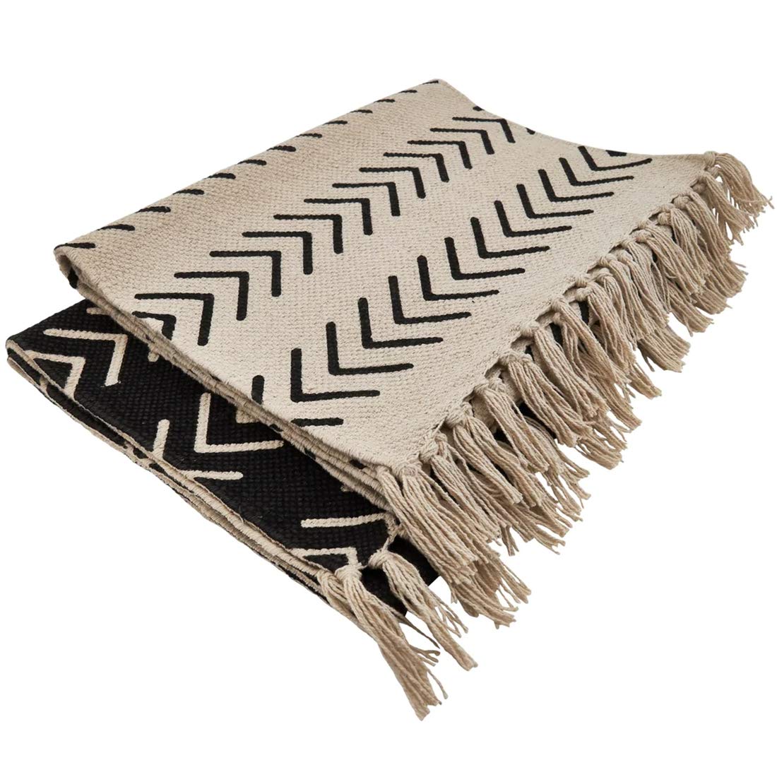 Fennco Styles Neutral Chevron Print Tassel Cotton Woven Table Runner - Black Table Cover for Home, Dining Room, Banquets, Family Gathering and Special Occasion