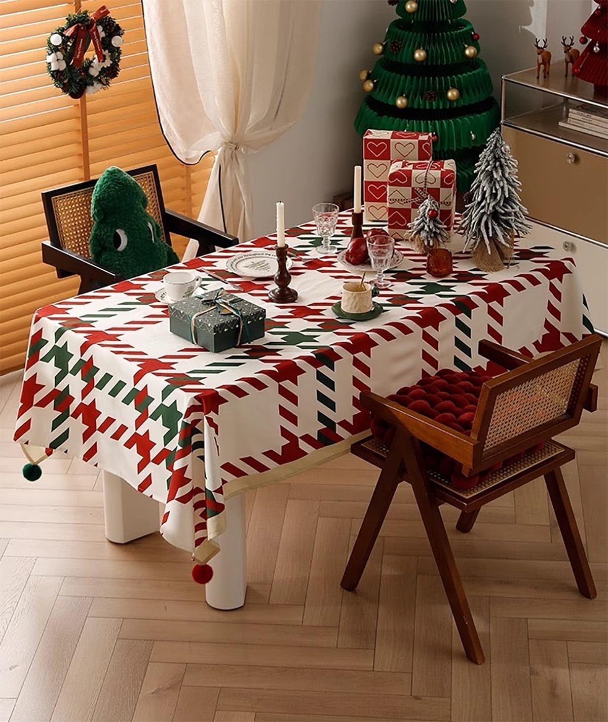 Fennco Styles Red and Green Holiday Plaid Pom Pom Christmas Tablecloth - Cotton Blend Festive Table Cover for Winter Holidays, Banquets, Family Gatherings and Special Occasions