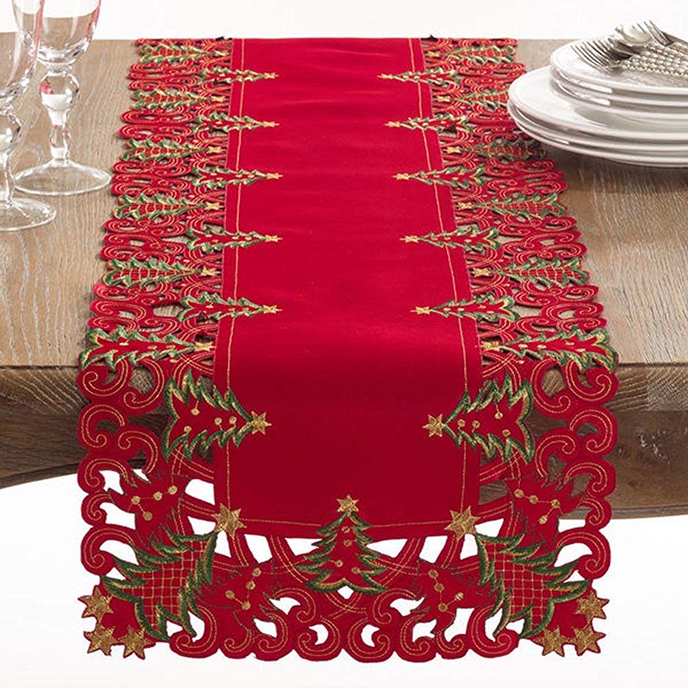 Fennco Styles Pandoro Collection Holiday Embroidered Christmas Tree Cutwork Border 16 x 108 Inch Table Runner – Red Table Runner for Christmas Dinner, Family Gathering, Special Events and Home Décor
