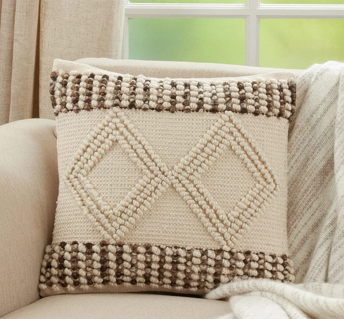 Fennco Styles Woven Textured with Diamond Design Decorative Throw Pillow Cover 18" W x 18" L - Ivory Square Cushion Case for Home, Couch, Bedroom, Living Room and Office Décor
