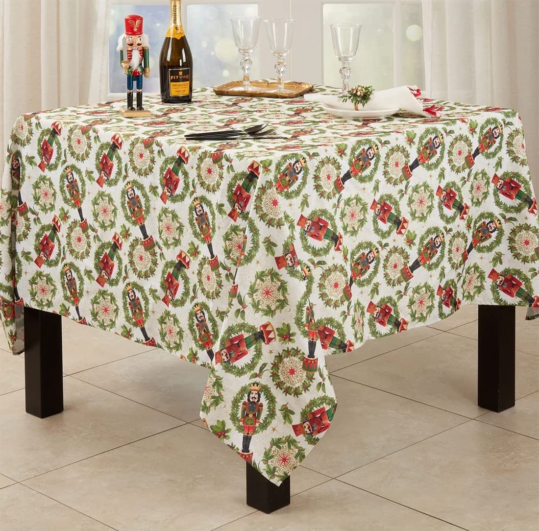 Fennco Styles Nutcracker Holiday Tablecloth 65" W X 84" L - Red & Green Solider Print Festive Table Cover for Christmas Décor, Dining Room, Banquet, Family Gathering and Special Events