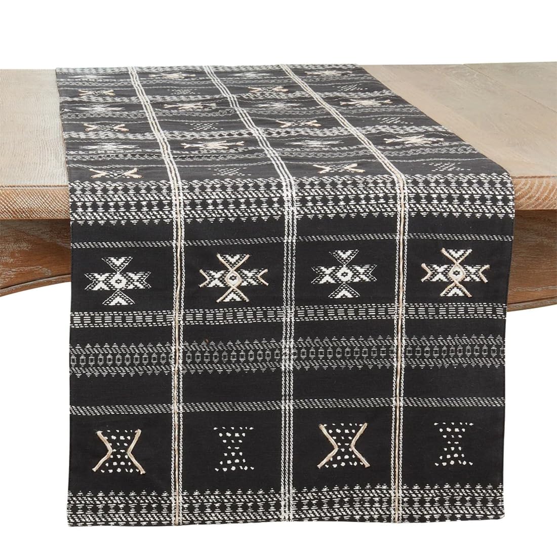 Fennco Styles Embroidered Mudcloth Design Cotton Table Runner 16" W x 72" L - Black Geometric Printed Table Cover for Home Décor, Everyday Use, Banquets and Special Occasions