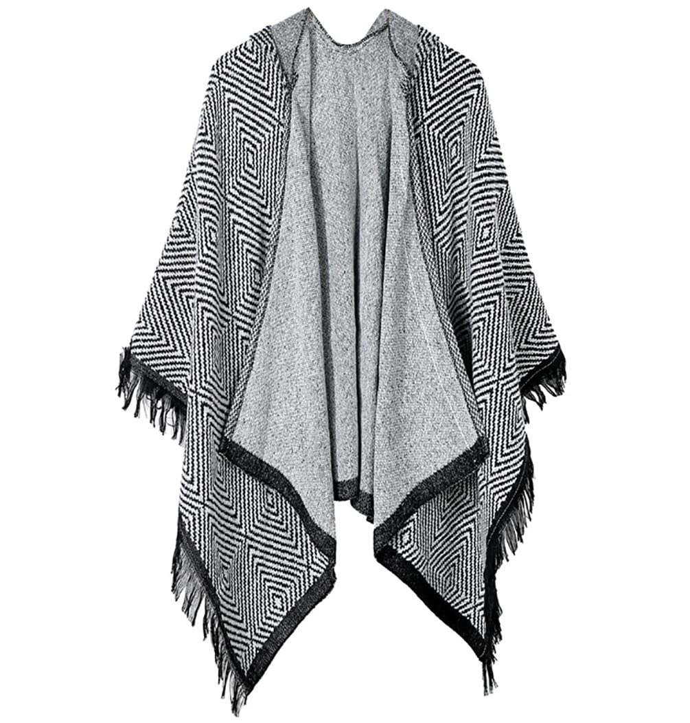 stylesilove Women Diamond Knit Open Front Hooded Poncho Fringe Black Geometric Cape Oversized Cardigan Fall Winter Wrap Shawl