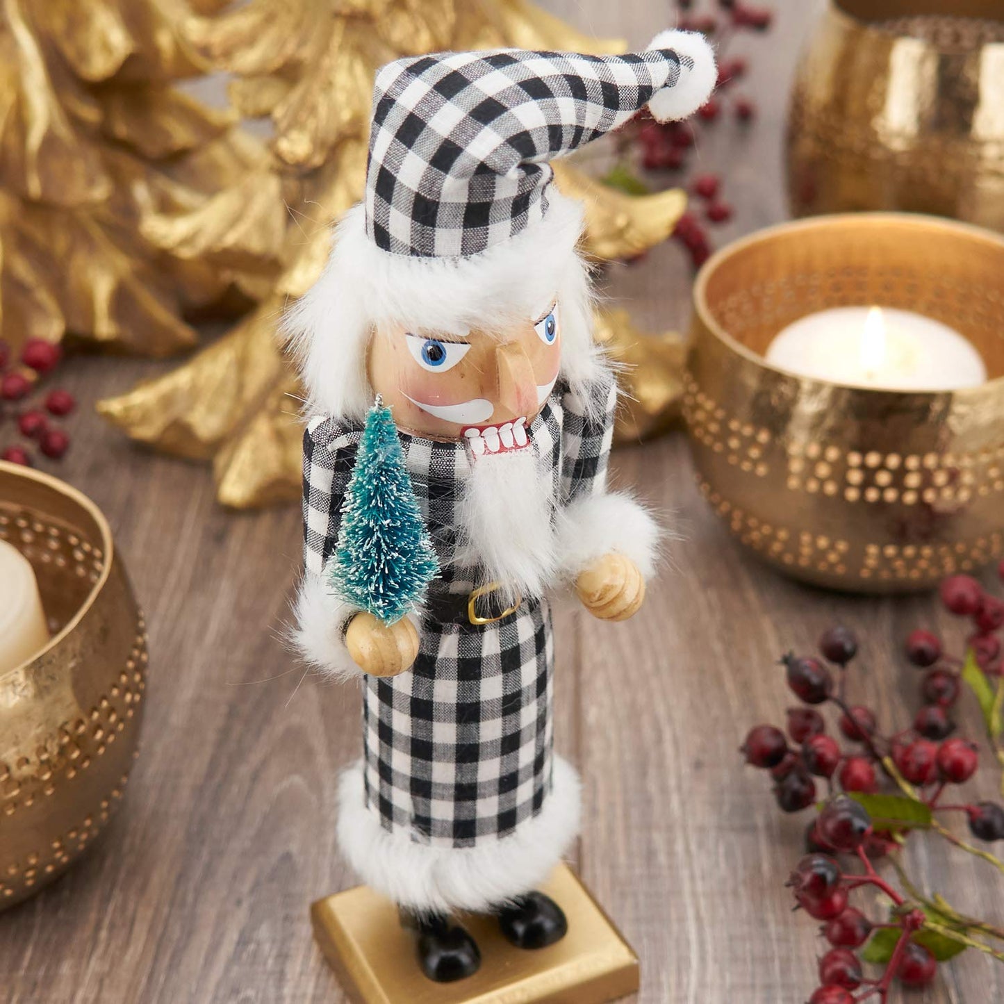 Fennco Styles Handmade Wood Creative Christmas Figurine - Black Buffalo Plaid Nutcracker for Christmas Décor, Holiday, Home, Tabletop and Kids Room Decorations