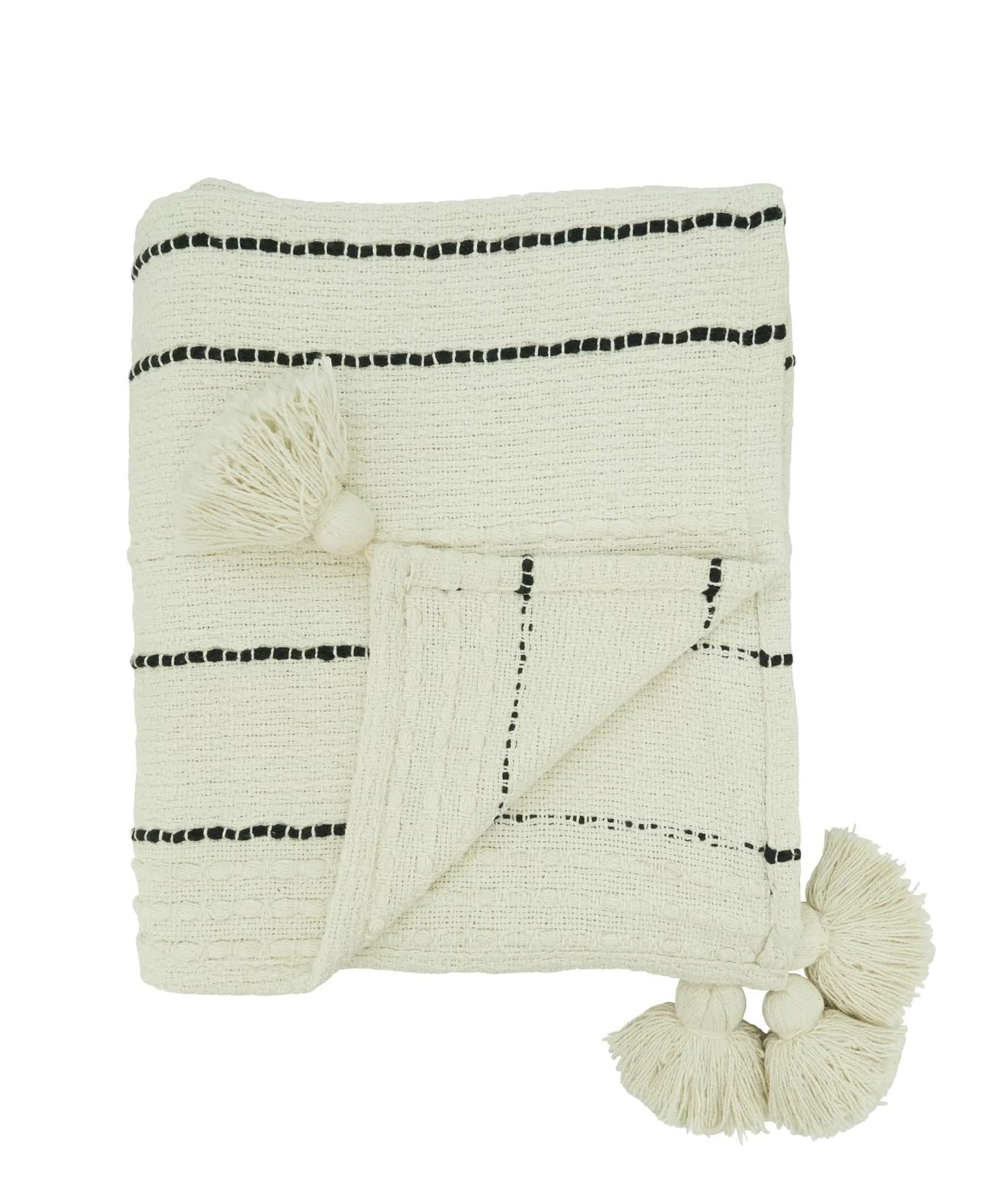Fennco Styles Stripe Cotton Throw Blanket with Chunky Tassel 50" W x 60" L - Ivory Woven Blanket for Couch, Bedroom, Living Room and Office Décor