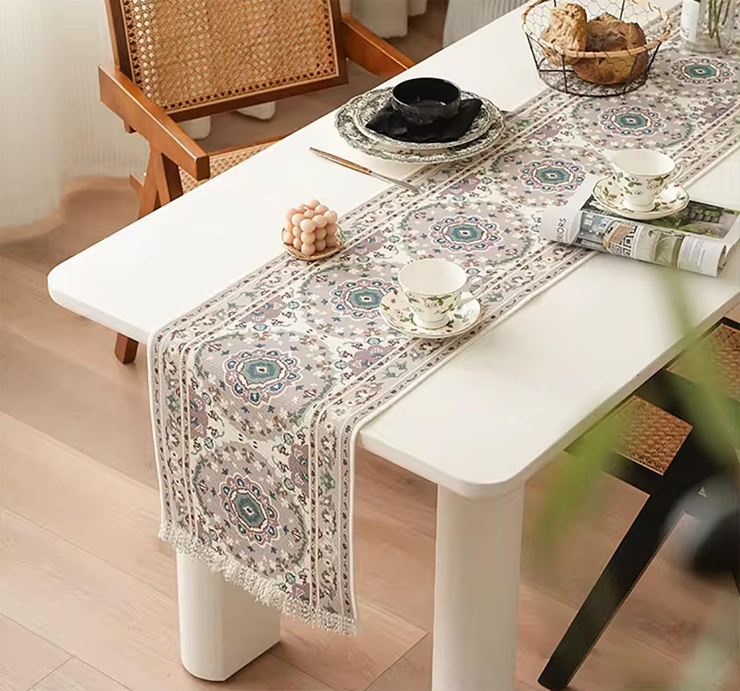 Fennco Styles Coral Floral Print Tassel Cotton Blend Woven Table Runner 14" W x 71" L