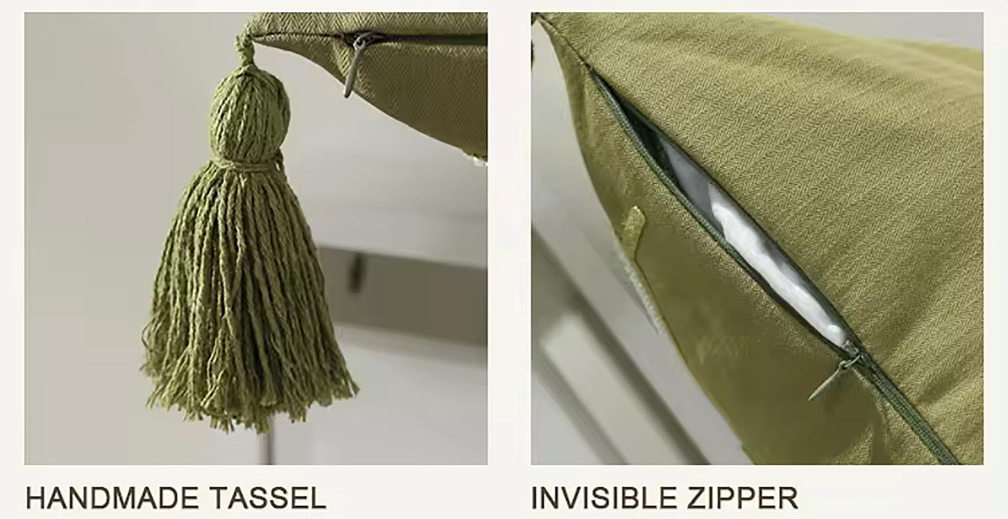 Fennco Styles Hand Beaded Embroidery Ginkgo Leaf Throw Pillow Cover with Tassel 18" W x 18" L - Green Leaves Cotton Cushion Case for Home, Couch, Living Room, Bedroom and Office Décor