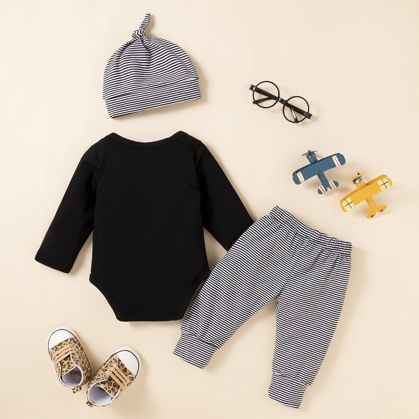 stylesilove Infant Baby Boys Black Romper Letter Printed Long Sleeve Bodysuit, Striped Pants & Hat 3pcs Cotton Outfit