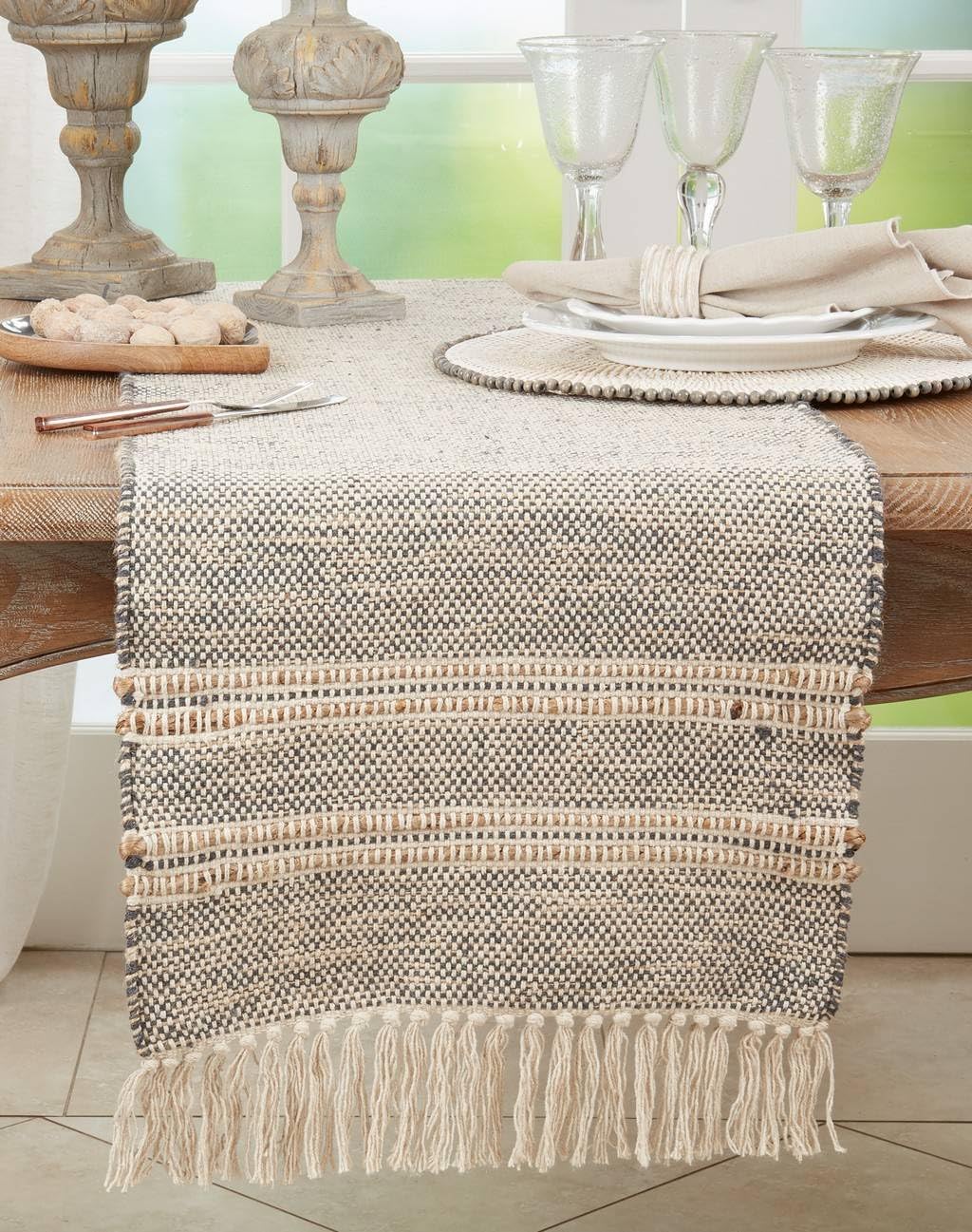 Fennco Styles Cotton Jute Woven Striped Tassel Table Runner 16" W x 72" L - Grey Modern Table Cover for Home Décor, Dining Table, Banquets, Family Gathering and Special Events