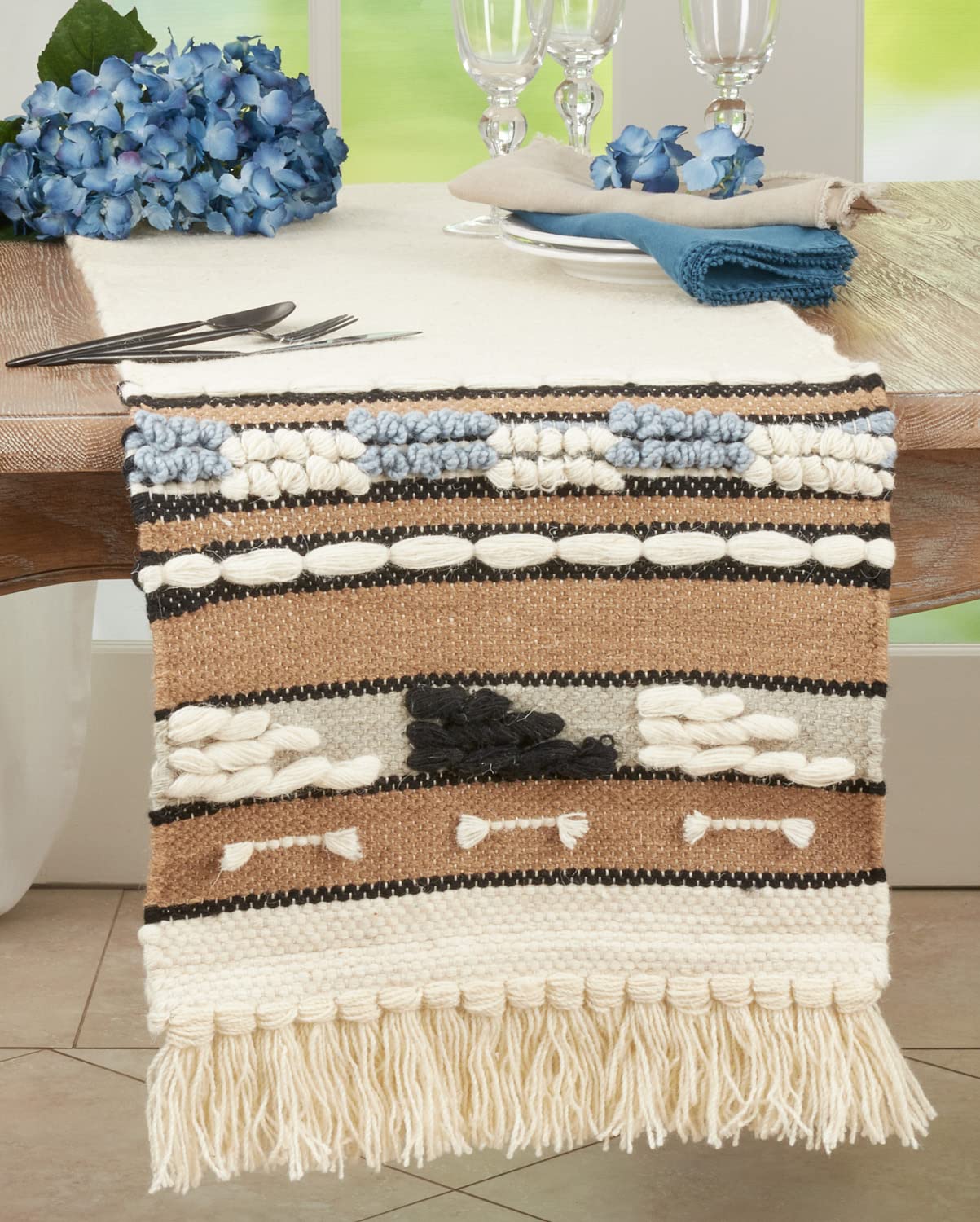 Fennco Styles Textured Boho 100% Wool Decorative Table Runner 16" W x 72" L - Natural Chunky Bohemian Table Cover for Home Décor, Dining Table, Banquets and Special Occasion