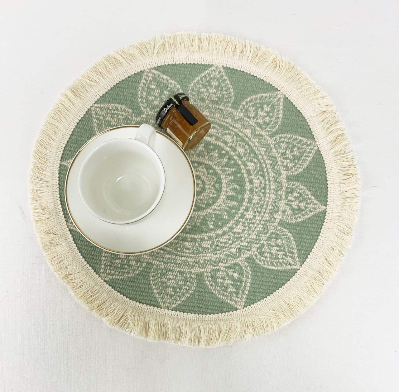 Fennco Styles Unique Dream Catcher Fringe Cotton Placemats 14-inch Round, Set of 4 - Boho Decorative Table Mats for Home Decor, Dining Table, Banquets and Special Events