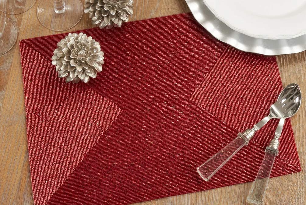 Fennco Style Hand Beaded Metallic Table Placemat 13" W x 18" L, 1-Piece - Silver Glass Beads Table Mat for Banquets, Christmas, Special Events and Home Décor