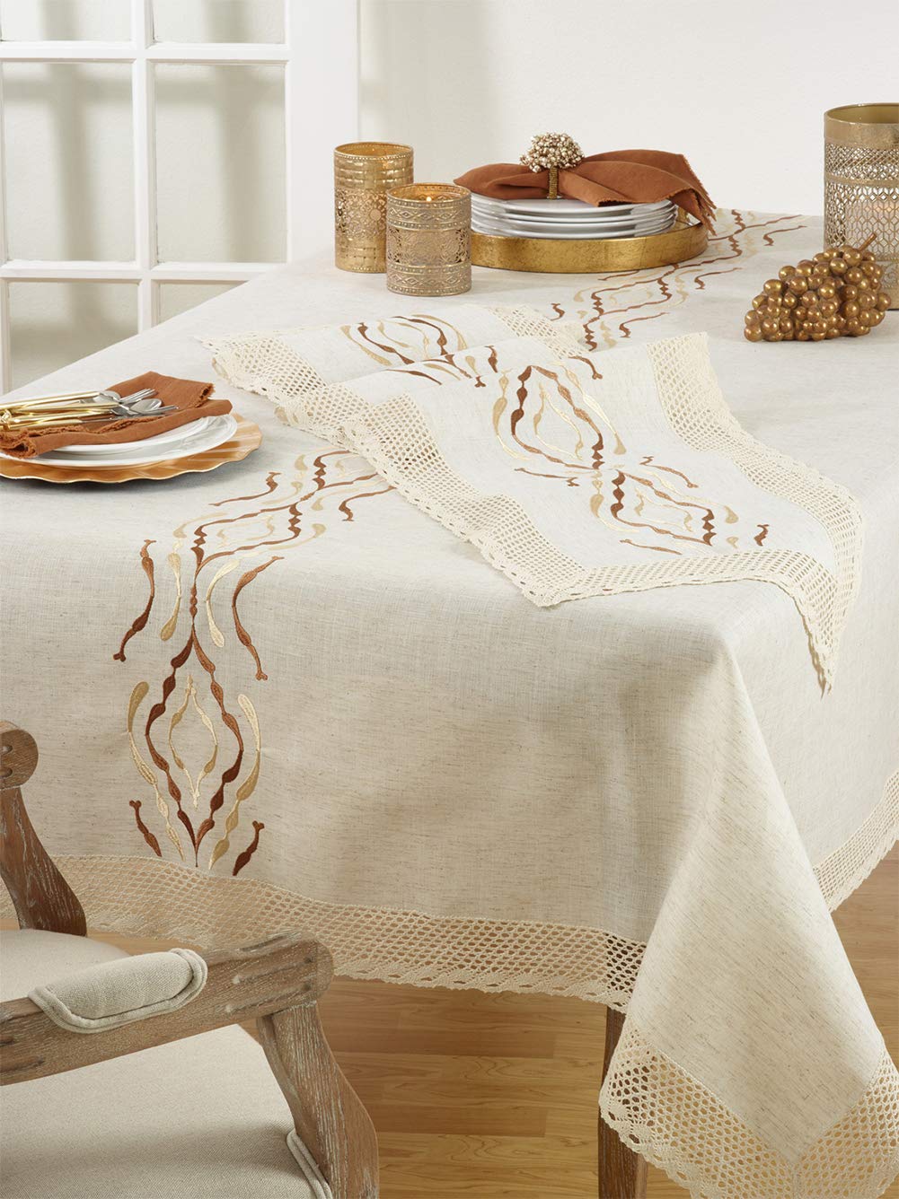 Fennco Styles Abstract Embroidery Lace Trim Table Linen Collection - Natural Table Cover for Home, Dining Room, Banquets, Holiday and Special Event