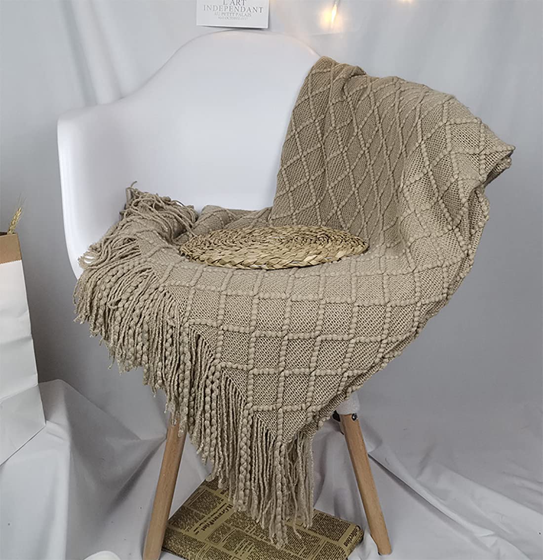 Fennco Styles Rhombus Diamond Knit Modern Fringe Throw 50" W x 60" L - Geometric Throw Blanket for Sofa, Couch, Living Room, Bedroom Décor