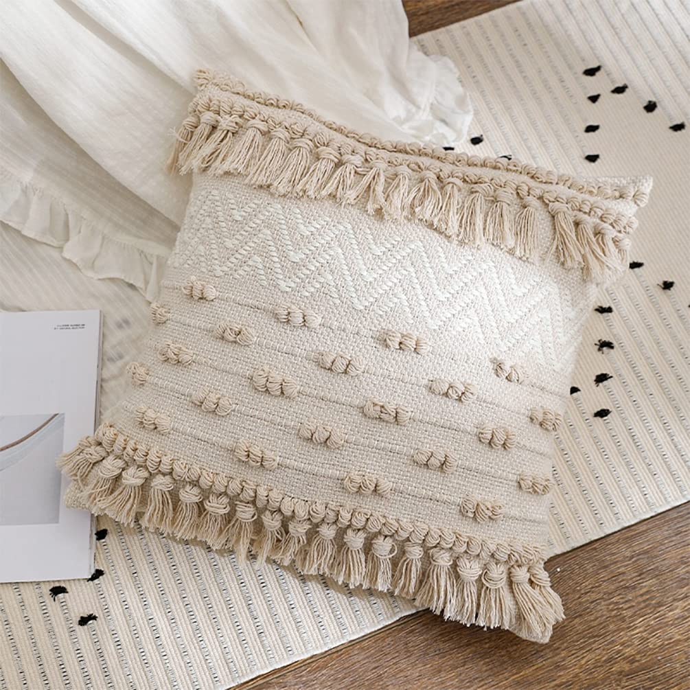 Fennco Styles Handwoven Diamond Tassel Decorative Throw Pillow Cover 18" W x 18" L - Natural Textured Boho Cushion Case for Home, Couch, Living Room, Bedroom and Office Décor