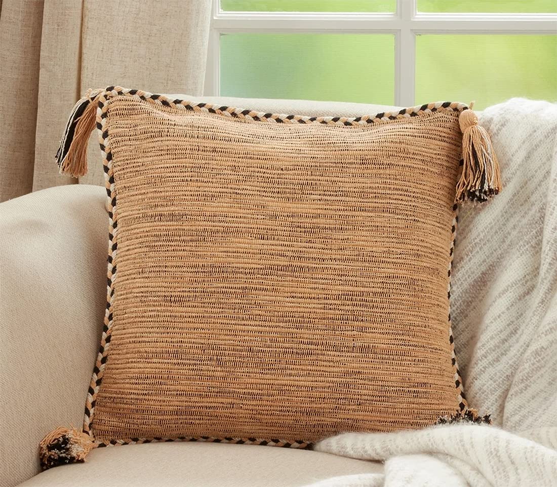 Fennco Styles Braided Broder Tassel Cotton Decorative Throw Pillow 18" W x 18" L - Woven Square Cushion for Home, Couch, Living Room, Bedroom, Office and Holiday Décor