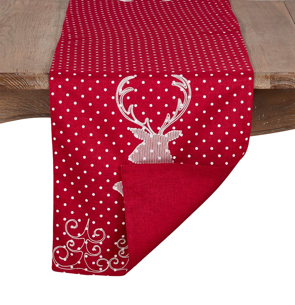 Fennco Styles Holiday Reindeer Polka Dot Design Red Table Runner, 16"x70" Rectangular