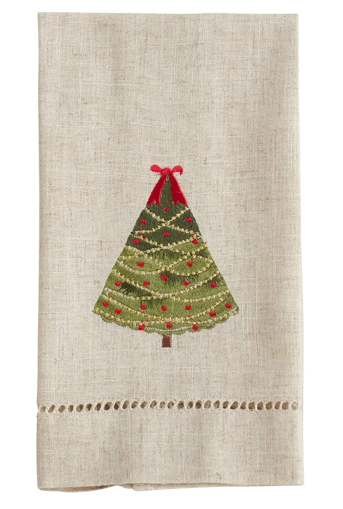 Fennco Styles Embroidered and Hemstitched Design Ribbon Christmas Tree Linen-Poly Guest Towels 14 x 22 Inch, Set of 4 – Natural Modern Hand Towels for Bathroom Decor, Bar Accessories, Wedding Gift