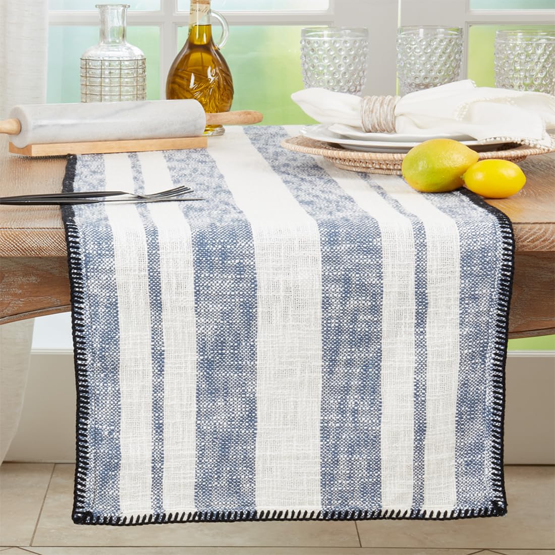 Fennco Styles Gênes Collection Bohemian Chindi 100% Pure Cotton 13 x 72 Inch Table Runner – Navy Blue Table Cover for Everyday Use, Banquets, Wedding and Special Occasion