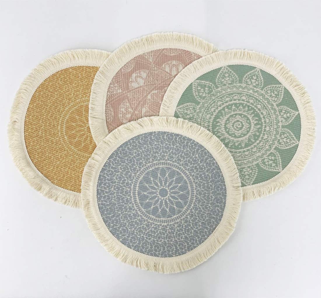 Fennco Styles Unique Dream Catcher Fringe Cotton Placemats 14-inch Round, Set of 4 - Boho Decorative Table Mats for Home Decor, Dining Table, Banquets and Special Events
