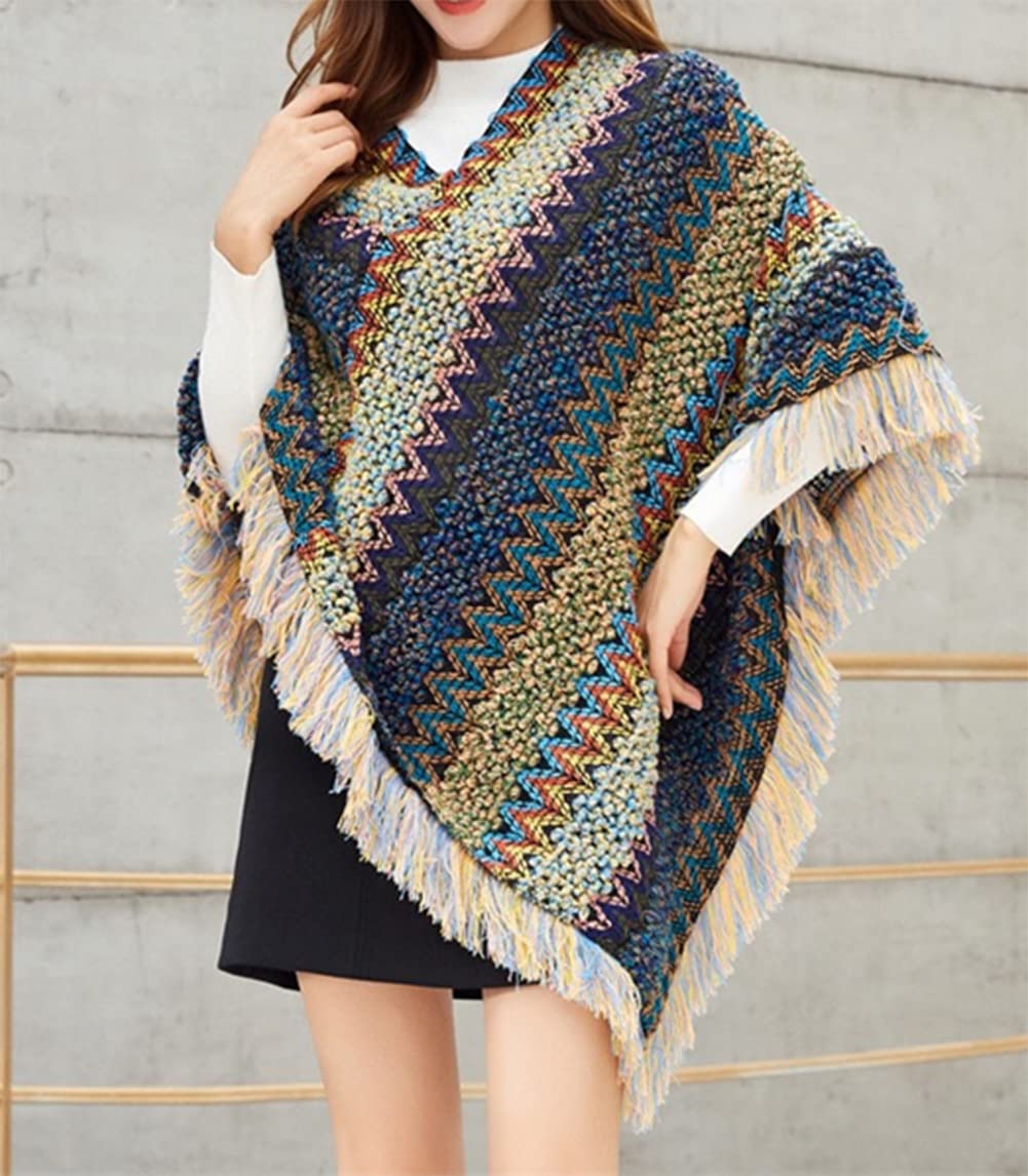 stylesilove Women Autumn Winter Knitted Tassel Irregular Pullover Poncho Sweater Soft Wrap Cape Lightweight Shawl