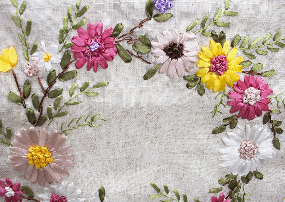 Fennco Styles Handmade Ribbon Embroidery Flower Decorative Linen Table Runner Throw Pillow