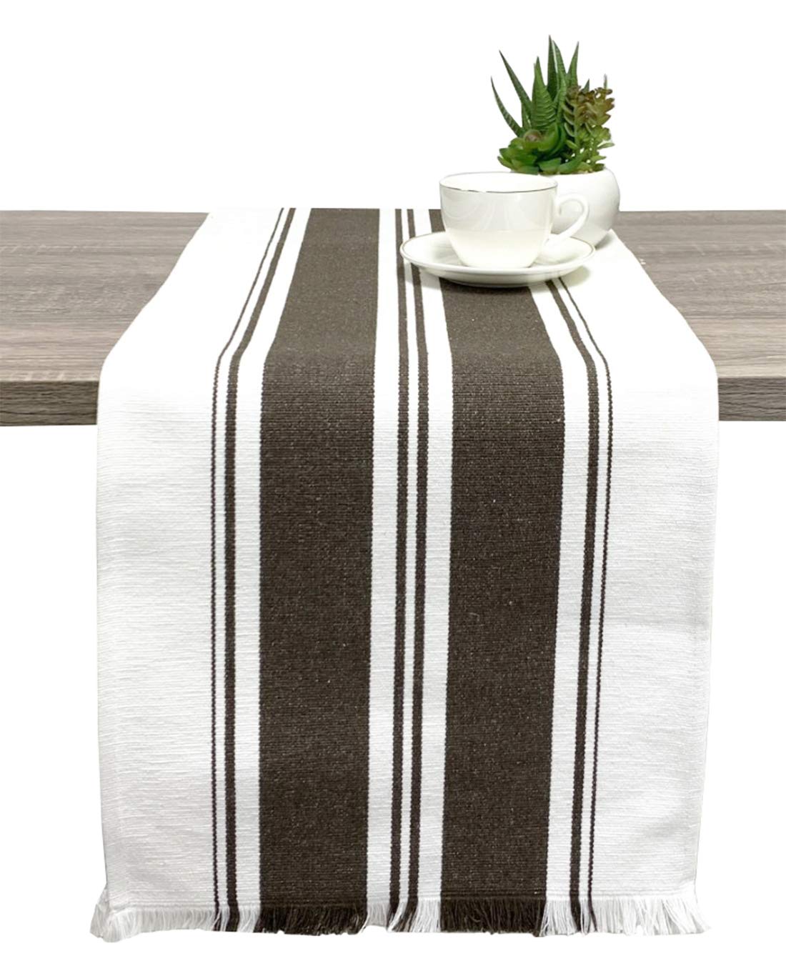 Fennco Styles Netural Stripes Fringe Canvas Cotton Table Runner 14 x 71 Inch - Grey Striped Table Cover for Home Décor, Dining Table, Farmhouse, Everyday Use and Special Occasion