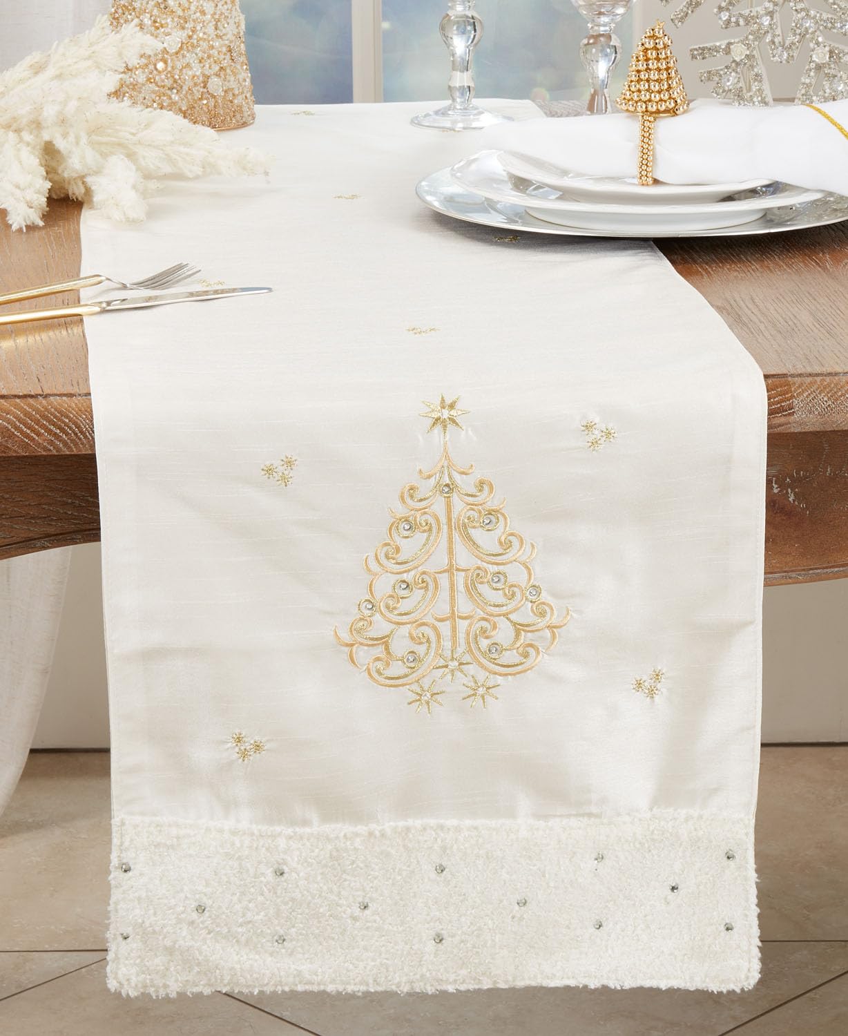 Fennco Styles Gold Embroidered Christmas Tree Cotton Table Runner 16" W x 72" L - Metallic Holiday Design Table Cover for Home, Dining Room, Banquets and Christmas Décor