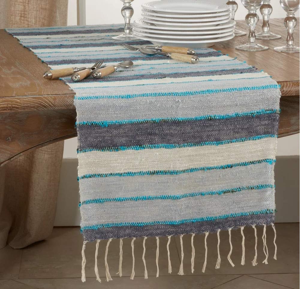 Fennco Styles Woven Chindi Striped Fringe 100% Cotton Table Runner 16 x 72 Inch - Multi Table Cover for Home Décor, Dining Table, Banquets, Family Gathering and Special Occasion