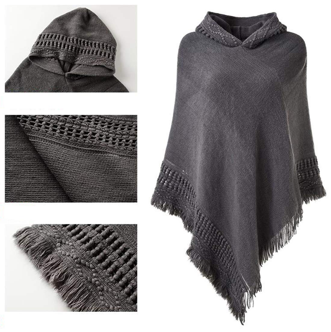 stylesilove Women Solid Knitted Hooded Poncho Crochet Pattern with Fringe Pullover Cardigan Soft Wrap for Fall Winter Seasons