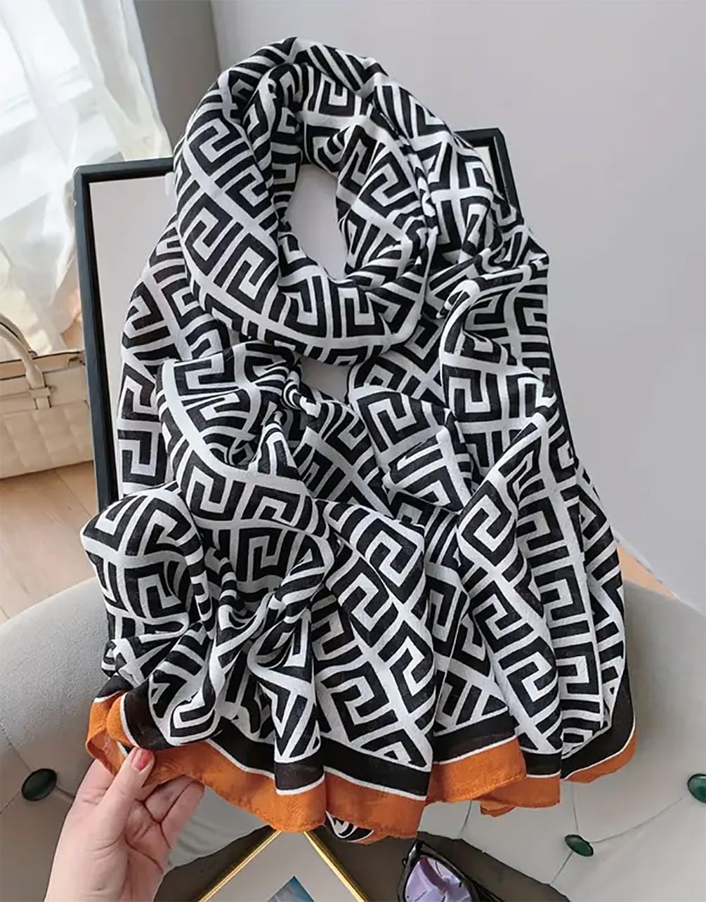 stylesilove Women Geometric Maze Print Scarf with Border Design Soft Shawl Scarves Neck Wraps for All Season, 3 Colors