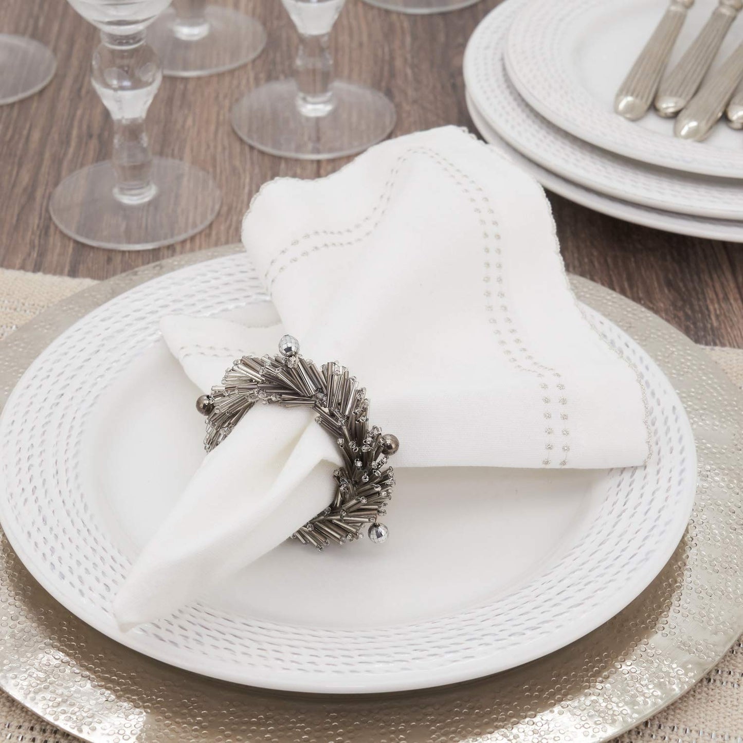 Fennco Styles Hand Beaded Decorative Napkin Rings, Set of 4 - Silver Glass Beads Napkin Holders for Home, Dining Table, Banquet, Family Gathering, Christmas, Holiday Décor and Special Occasion