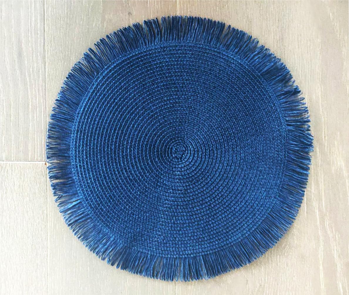 Fennco Styles Handwoven Fringe Boho Placemats 15" Round - Natural Braided Texture Table Mats for Home, Dining Room, Banquets, Family Gathering and Special Occasion
