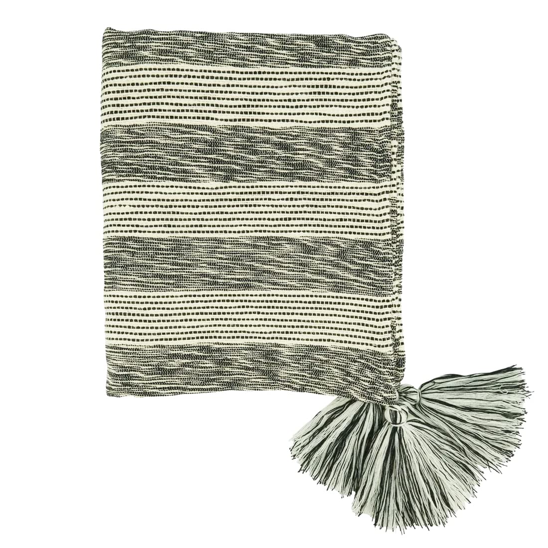 Fennco Styles Striped Design Tassel Cotton Throw Blanket 50" W x 60" L – Black & White Woven Blanket for Couch, Bedroom and Living Room Décor