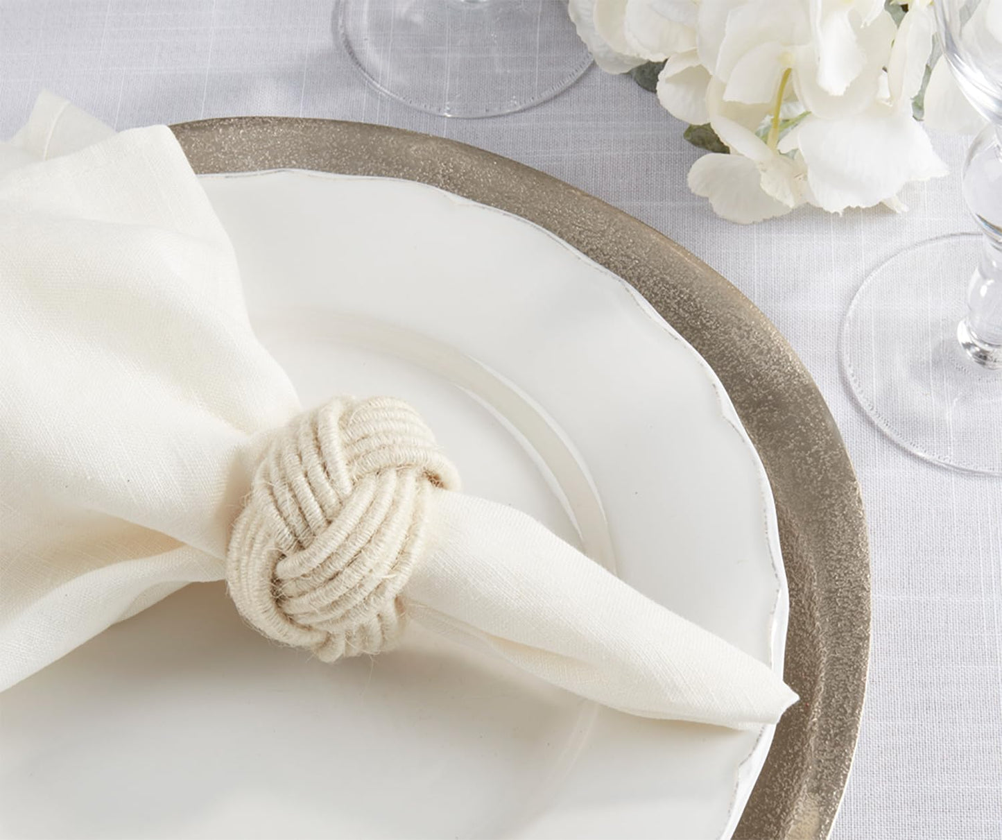 Fennco Styles Classic Braided Jute Napkin Rings, Set of 4 - Ivory Burlap Napkin Holders for Dining Table, Home, Banquets, Holidays, Family Gatherings and Special Events