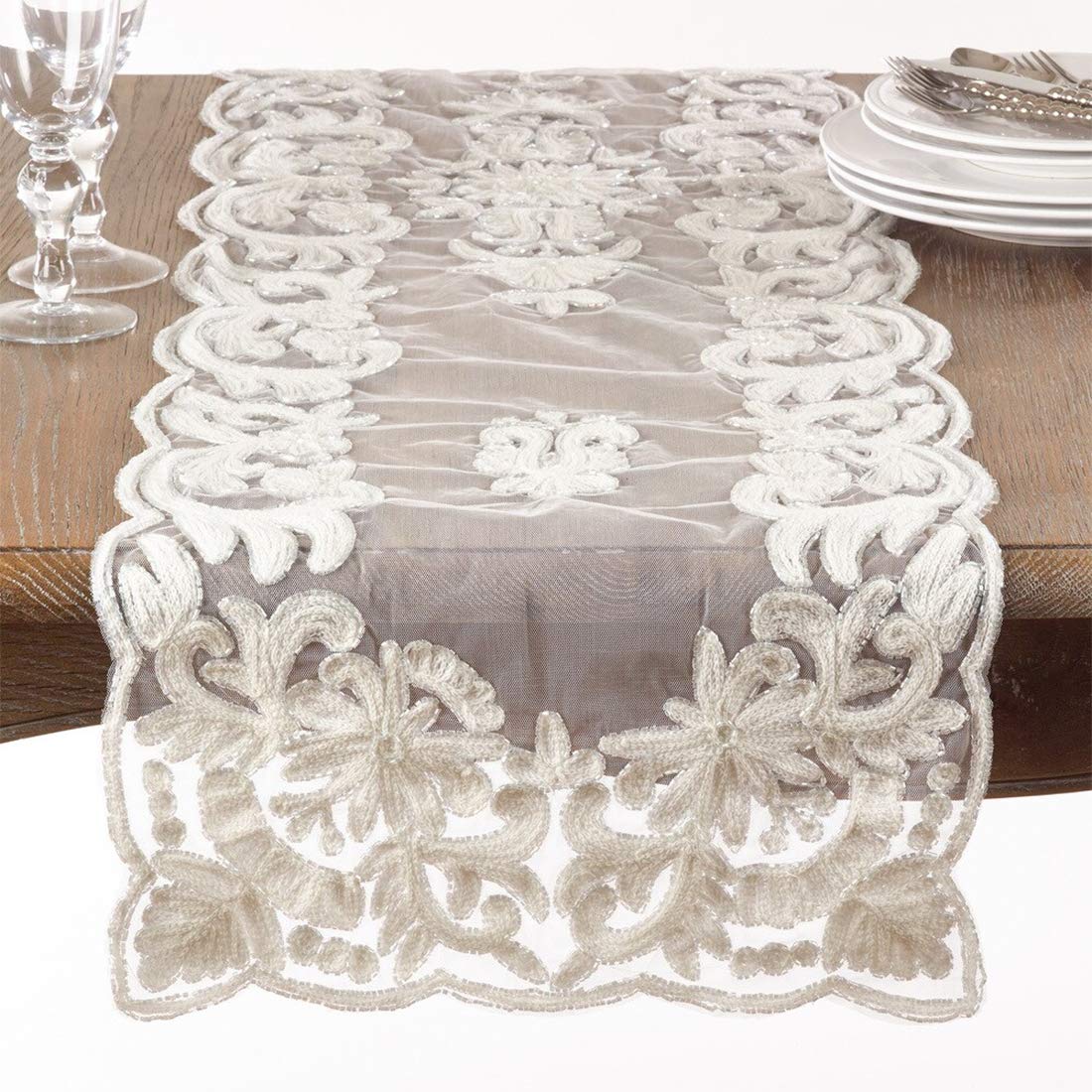 Fennco Styles Hand Beaded & Embroidered Elegant Table Runner - Ivory Table Cover for Home, Dining Room, Banquets, Wedding, Holiday and Special Events
